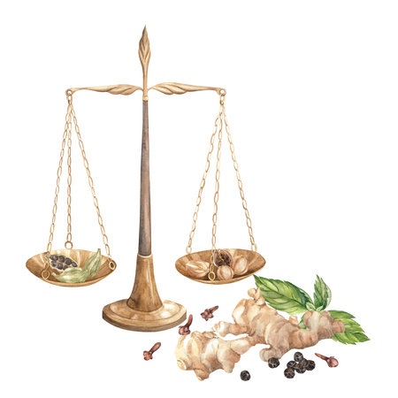 scale and spices. Watercolor. set. Illustration for clipart. Designed for menus, culinary blogs, packaging, textiles, web design, sites, stickers, invitations, patterns, logos. Drawn by hand.の写真素材