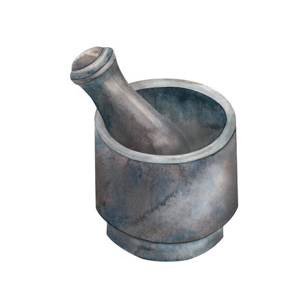 Mortar. Watercolor. isolate. Illustration for clipart. Designed for menus, culinary blogs, packaging, textiles, web design, sites, stickers, invitations, patterns, logos. Drawn by hand.の写真素材
