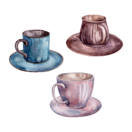 Cup and saucer Watercolor. set. Illustration for clipart. Designed for menus, culinary blogs, packaging, textiles, web design, sites, stickers, invitations, patterns, logos. Drawn by hand.の写真素材