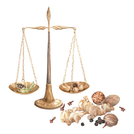 scale and spices. Watercolor. set. Illustration for clipart. Designed for menus, culinary blogs, packaging, textiles, web design, sites, stickers, invitations, patterns, logos. Drawn by hand.の写真素材