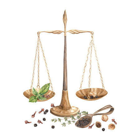 scale and spices. Watercolor. set. Illustration for clipart. Designed for menus, culinary blogs, packaging, textiles, web design, sites, stickers, invitations, patterns, logos. Drawn by hand.の写真素材
