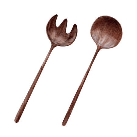 Wooden salad spoon and fork. Watercolor. set. Illustration for clipart. Designed for menus, culinary blogs, packaging, textiles, web design, sites, stickers, invitations, patterns, logos. drawn by handの写真素材