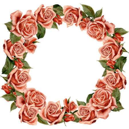 Rose. frame. Watercolor. Illustration for clipart. Designed for flower studios, holiday decoration, weddings, packaging, textiles, web design, websites, stickers, invitations, templates, logos. hand drawnの写真素材
