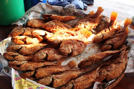 Many Fried fish in trayの写真素材