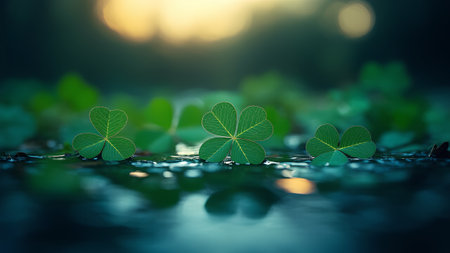 Four leaf clover on water surface with bokeh background.の素材