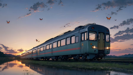 Train on the river at sunset with butterflies flying in the sky.の素材