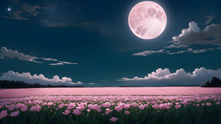 Tulip field with full moon in the night sky. 3d renderingの素材