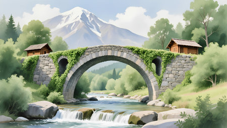 3d rendering of a stone bridge over a river with mountain backgroundの素材