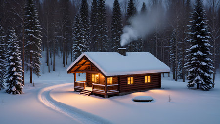 Wooden cottage in the winter forest. Wooden house in the mountains.の素材