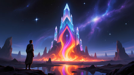 Fantasy alien planet. Man standing on the edge of the lake.の素材