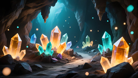 Magic crystal in cave. Fantasy concept. 3D Rendering.の素材