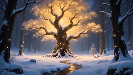 Winter forest with snow covered trees and lights. 3d rendering.の素材