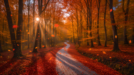 Beautiful autumn landscape with road in the forest and sunbeamsの素材
