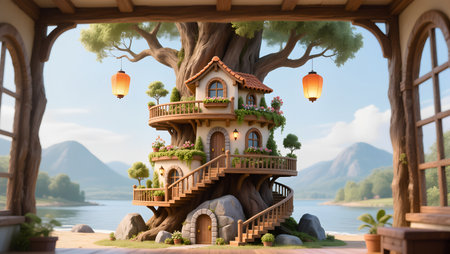 3d illustration of a fairy tale house in the forest. 3d renderingの素材