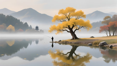 Autumn landscape with a lake and a tree in the fog.の素材