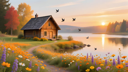 Wooden house on the bank of a lake surrounded by colorful flowersの素材