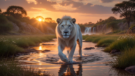 White lion walking in water at sunset in Kruger National Park, South Africa ; Specie Panthera leo family of Felidaeの素材