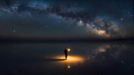 Man standing in the middle of the lake and watching the Milky Wayの素材