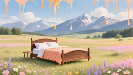 3d rendering of a bed in a meadow with flowers and mountains in the backgroundの素材