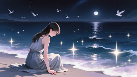 3D illustration of a girl sitting on the beach at night.の素材