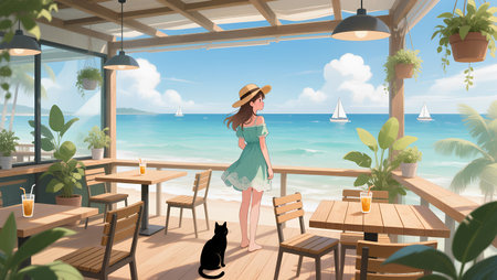 Girl in a cafe on the beach with a cat. Vector illustration.の素材