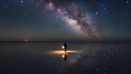 Milky way and silhouette of a man on the lake at nightの素材