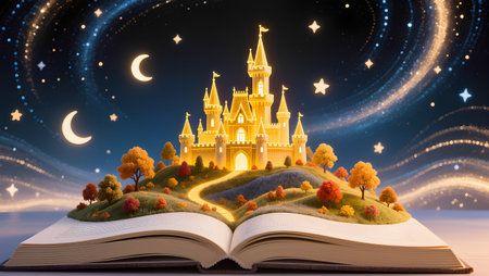 Open fairy tale book with fantasy castle and magic forest on the topの素材