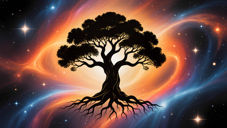Illustration of a tree in the universe with stars and space backgroundの素材