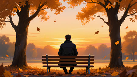 Man sitting on a bench in the autumn park. Vector illustration.の素材