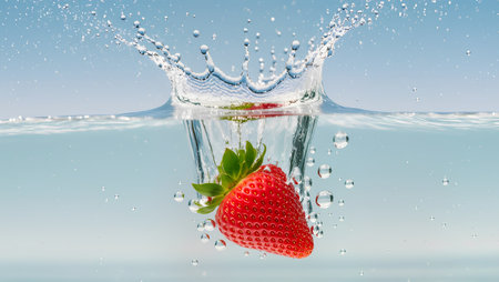 Strawberry falling into water with splash and drops on blue backgroundの素材