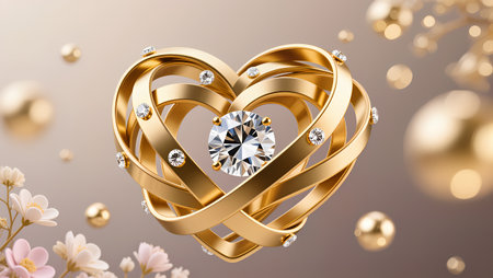 Gold wedding rings with diamonds in the shape of a heart on a bokeh background.の素材
