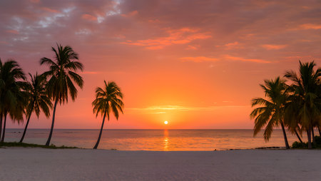 Beautiful sunset on the beach with coconut palm trees in the foregroundの素材