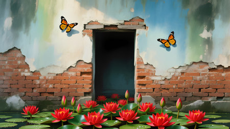 red lotus flower with butterfly in front of old door, Thailandの素材