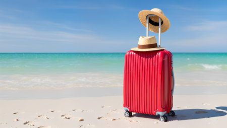 Red suitcase with straw hat and sunglasses on the beach. Vacation conceptの素材