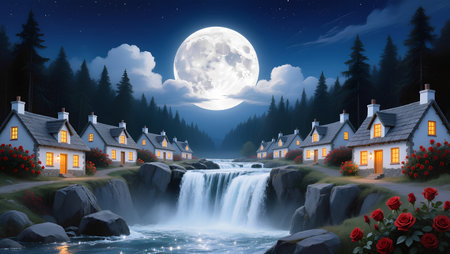 Houses in the forest and a waterfall in the moonlight.の素材
