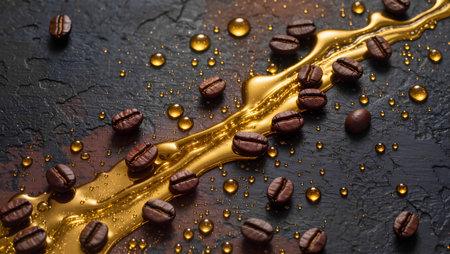 Coffee beans on a black background with drops of coffee.の素材