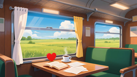 Interior of a train with a cup of coffee and a bookの素材