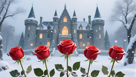 Red roses in front of a castle in the snow, 3d renderingの素材