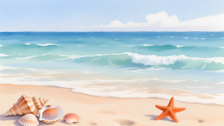 Summer beach background with seashells and starfish. Vector illustration.の素材