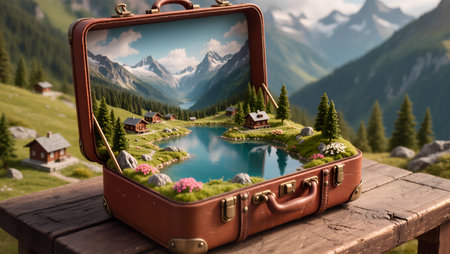 Luggage with miniature houses and lake in the mountains. Travel conceptの素材