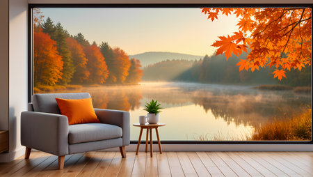 Modern bright interiors 3D rendering illustration. Living room with lake viewの素材