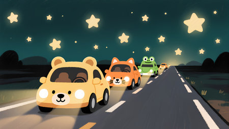 Teddy bear and car on the road at night with stars.の素材