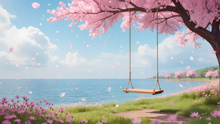 Cherry blossom with swing on the beach, 3d renderingの素材