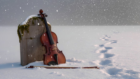 Violin and snowfall in a snowy landscape. 3d renderingの素材