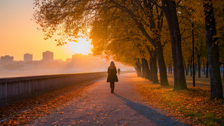 Woman walking on the embankment in the autumn park at sunsetの素材