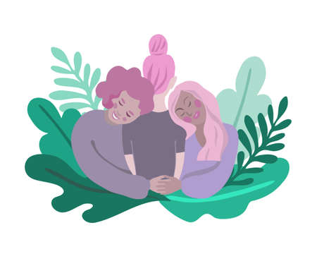 Three female characters hugging each other. Friendship and support concept. Flat vector illustrationのイラスト素材