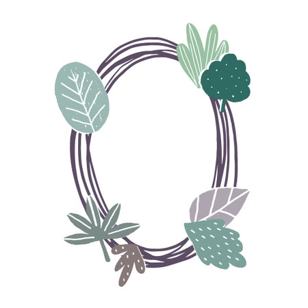 Oval frame decorated with leaves. Template for card or invitation, hand drawn in abstract minimal style with texture. Vector illustrationのイラスト素材