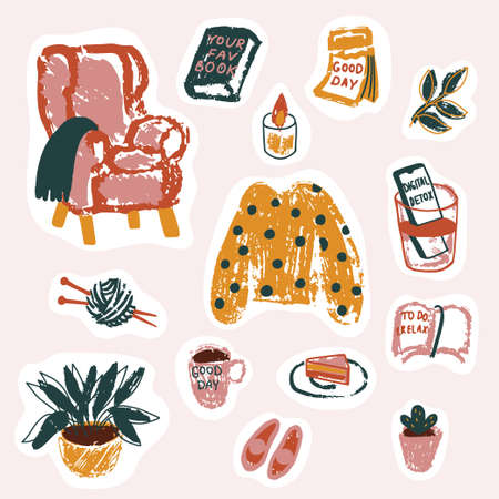 Set of cozy stickers for good day, spending quality time away from technology. Hand drawn in simple minimal style with lots of texture. Vector illustrationのイラスト素材