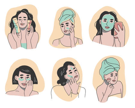Six female characters doing skincare rituals. Set of women applying various skincare products to their faces. Cartoon style collection of hand drawn illustrationsのイラスト素材