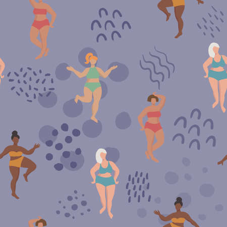 Seamless pattern with curvy women and abstract doodles, hand drawn vector illustrationのイラスト素材